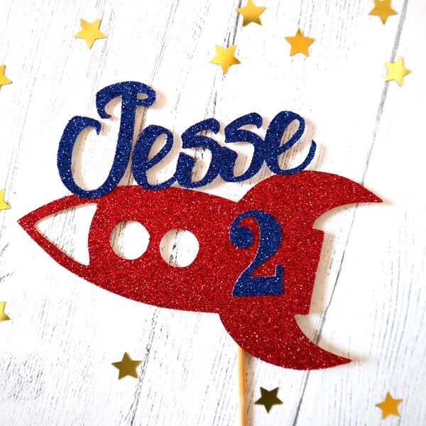 Rocket Name and Age Glitter Cake Topper - Birthday - Personalised