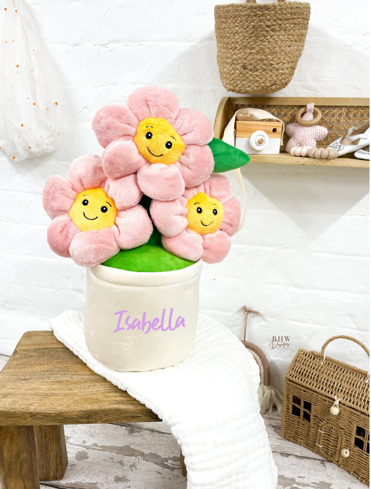 Flower Pot Personalised Name Soft Toy - Teddy Bear - Gift Daisy Pink Flowers