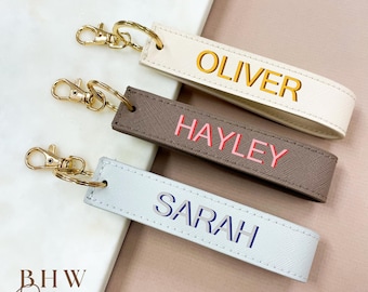 Personalised Name Faux Leather Wristlet Keyring Clip, loop car keychain, Key Ring