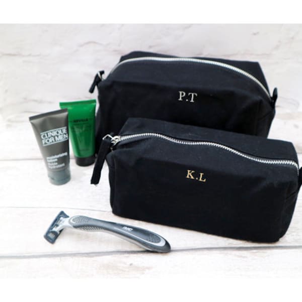 Mens personalised Monogrammed Cotton Black Wash Bag - Mens Gift - Initials - Groomsman - usher