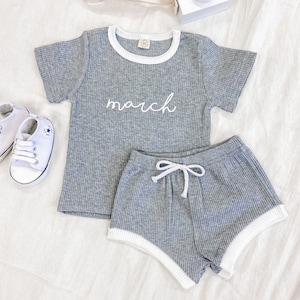 Personalised Initial Baby Children&#39;s Ribbed Contrast T-Shirt and Short Set, Kids Summer Clothing