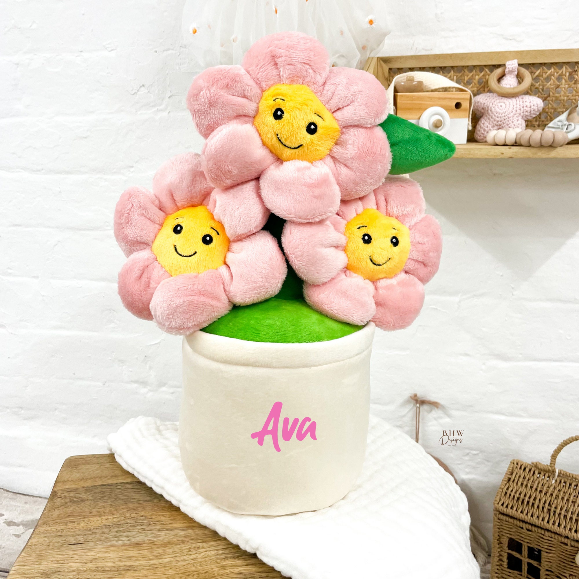 Flower Pot Personalised Name Soft Toy - Teddy Bear - Gift Daisy Pink Flowers