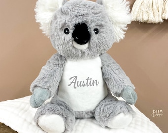 Mini peluche de koala personalizado con nombre, color gris y blanco, regalo para bebé.