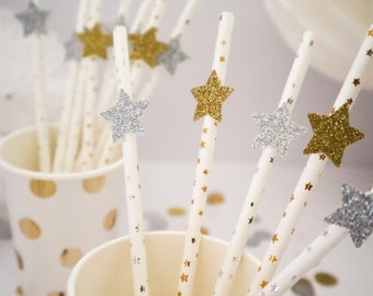 Pajitas de papel con purpurina de estrellas: decoraciones para fiestas - Juego de 10