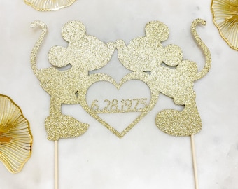 Mickey and Minnie Mouse Disney Custom Date Heart Glitter Cake topper - Wedding - Birthday - Anniversery - Engagement