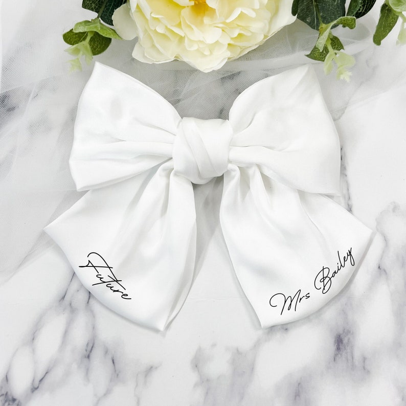 Personalised Bride White Satin Hair Bow Bride to Be Future Mrs Soon to be Mrs Hen Party Veil Black