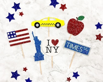 6 New York City cupcake toppers - American flag - Statue of liberty - New York