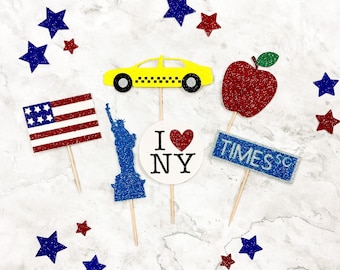 Adornos para cupcakes con brillantina de la ciudad de Nueva York: Estatua de la Libertad, taxi, manzana