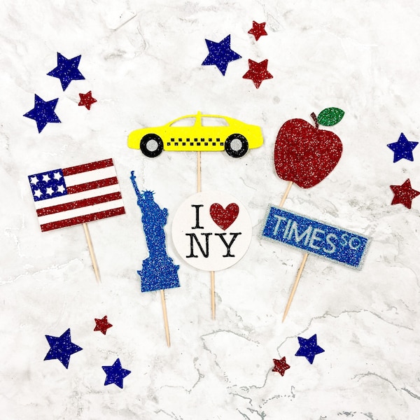 6 New York City cupcake toppers - American flag - Statue of liberty - New York