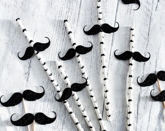 10 Glitter Moustache Stripe Paper Straws