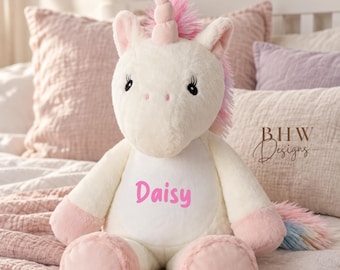 Personalised Unicorn Plush Toy, Soft Pink & Cream, Watercolour Mane