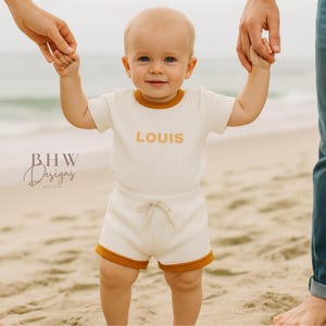 Personalised Baby T-Shirt and Shorts Set: White Ribbed Cotton with Mustard Trim Ribbed Clothing