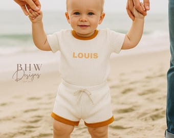 Personalised Baby T-Shirt and Shorts Set: White Ribbed Cotton with Mustard Trim Ribbed Clothing