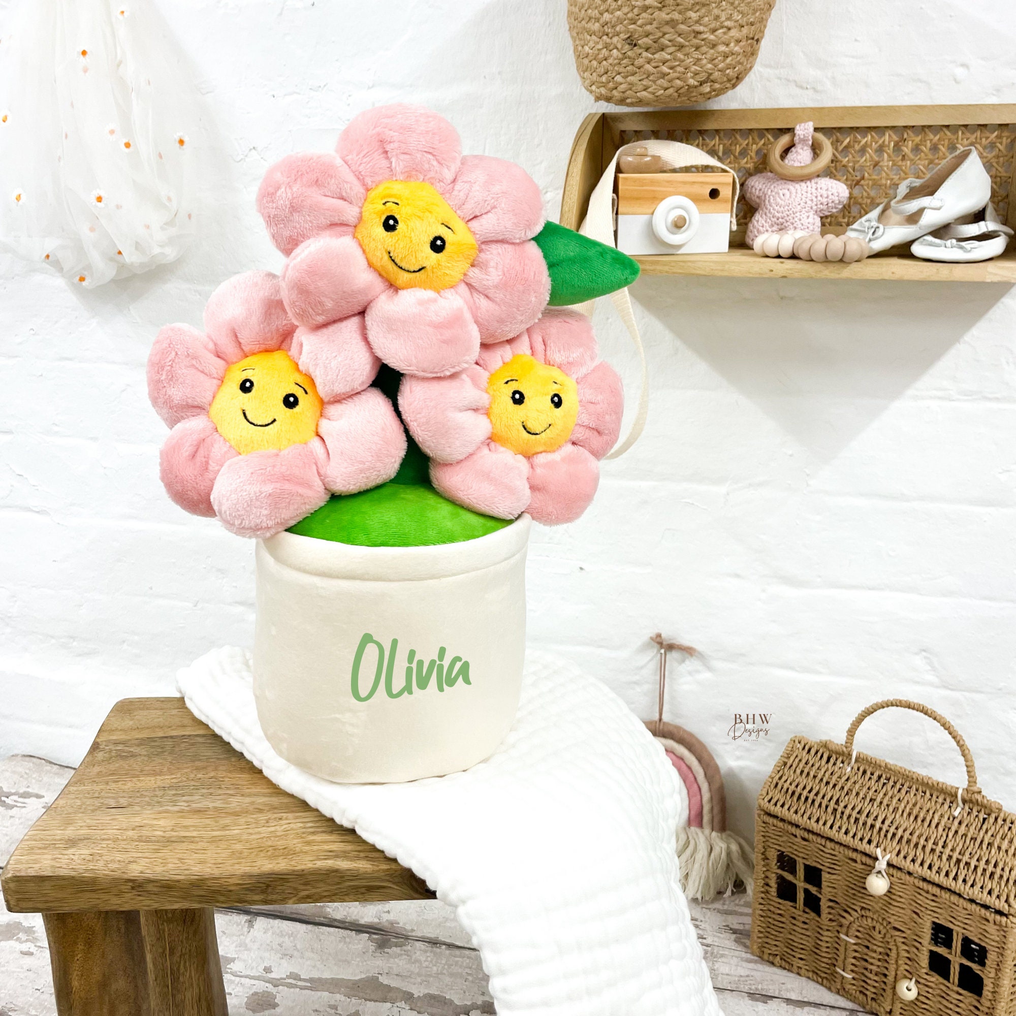 Flower Pot Personalised Name Soft Toy - Teddy Bear - Gift Daisy Pink Flowers