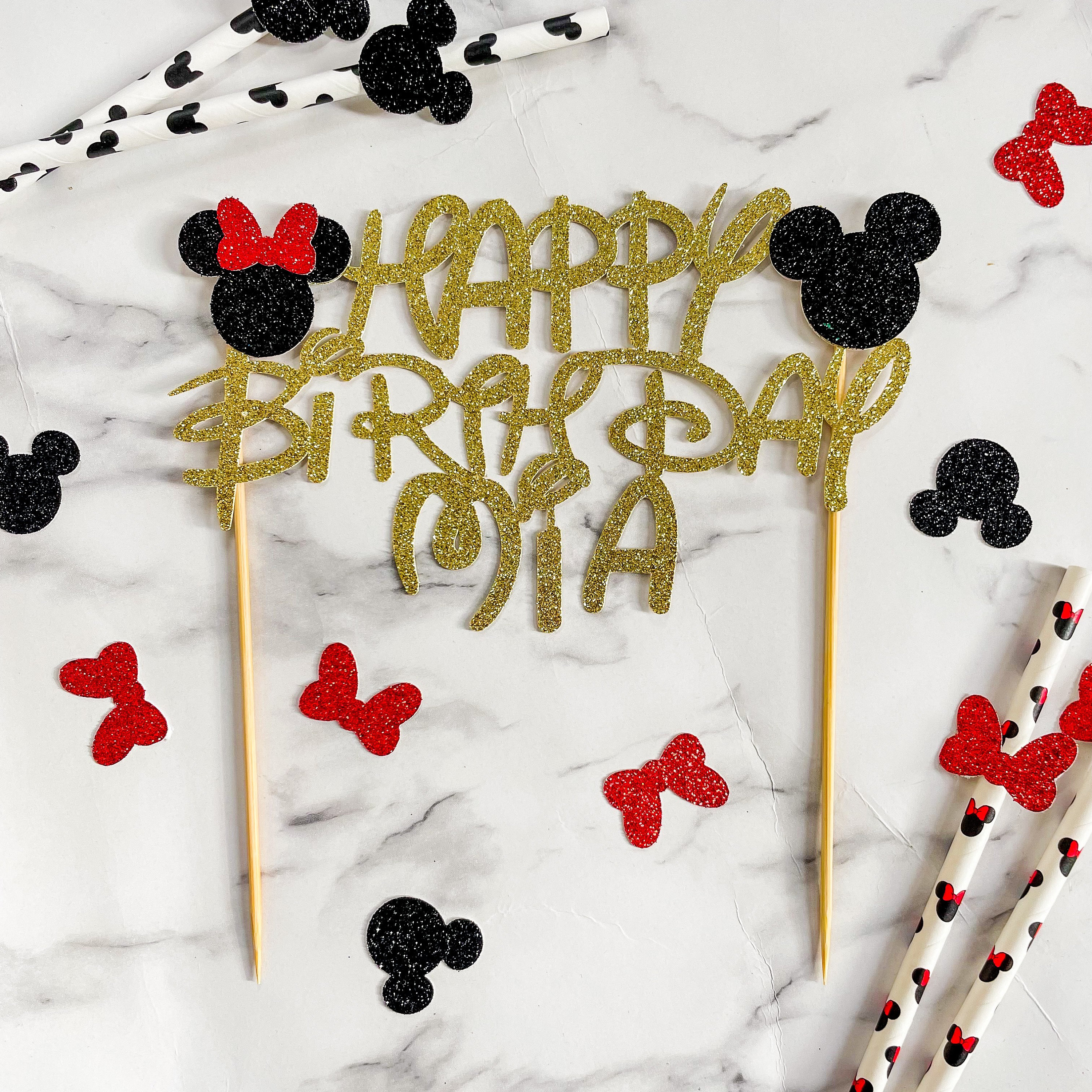 Mickey and Minnie Mouse Happy Birthday Disney Inspired Glitter Cake Topper