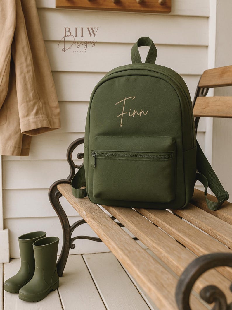 Personalised Name Junior Mini Backpack - Children's Backpack - Kid's School Bag Olive Green
