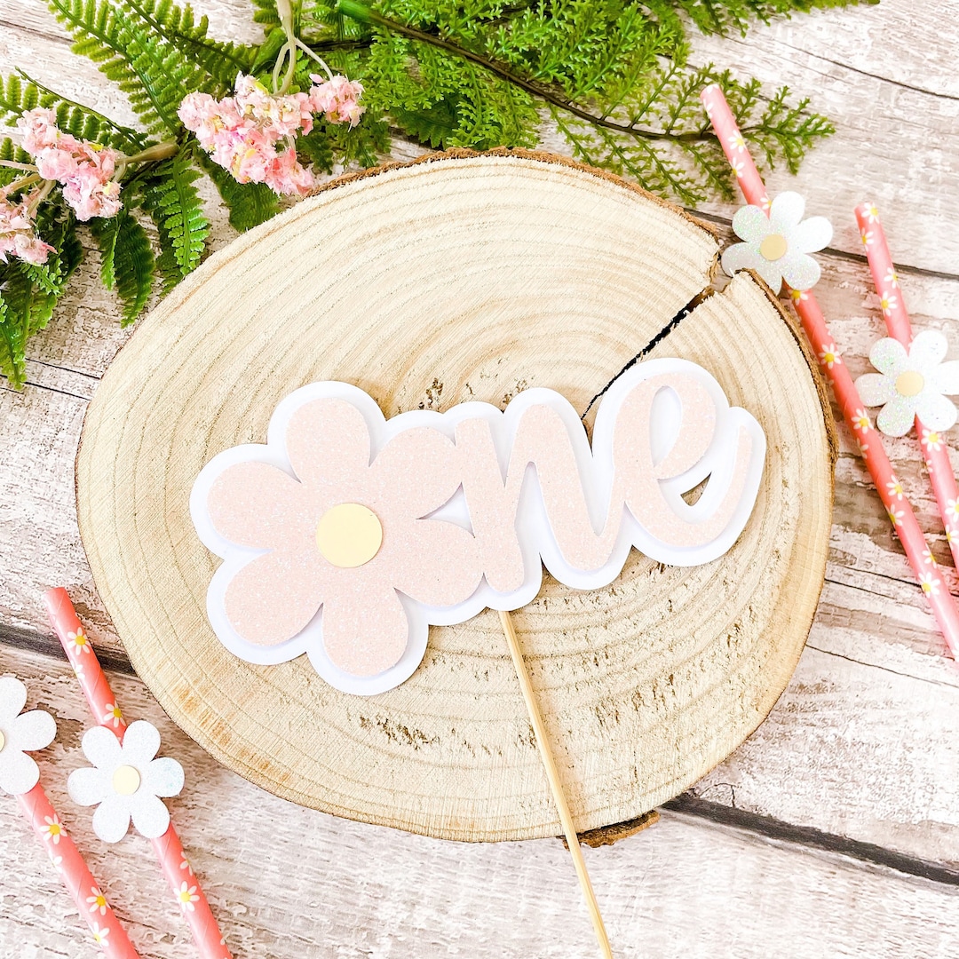 One Daisy Flower Glitter Cake Topper - Pink and White - Floral Birthday ...