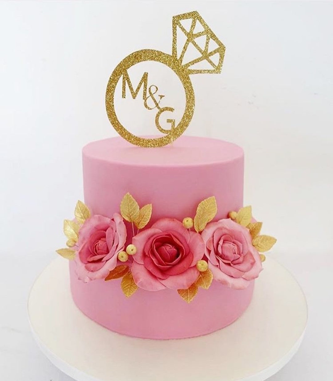 ZpiLkes "We're Engaged" Cake Topper - Rose Gold Glitter With Ring, Pre-Assembled For Bridal Shower & Wedding