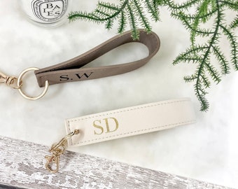 Personalised Initial Faux Leather Wristlet Keyring Clip, monogrammed strap, loop car keychain, Key Ring