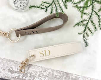 Personalised Initial Faux Leather Wristlet Keyring Clip, monogrammed strap, loop car keychain, Key Ring