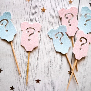 Baby Vest Pink and Blue Glitter Boy or Girl Question Cupcake toppers