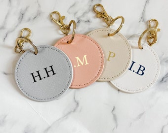 Personalised Initial Faux Leather Keychain: Monogrammed Circle Keyring Clip