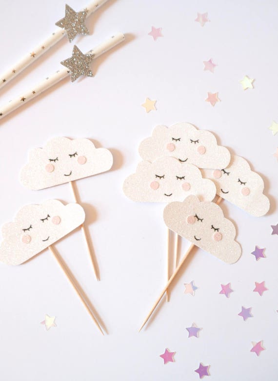 Baby Shower Birthday Cloud Glitter Cup cake Toppers