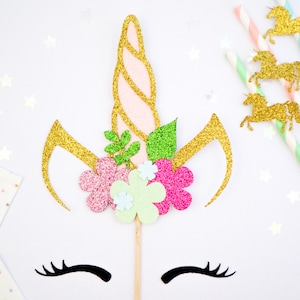Unicorn Glitter Floral Cake Topper - Eyelash - Birthday - Unicorn Party