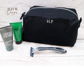Mens personalised Monogrammed Cotton Black Wash Bag - Mens Gift - Initials - Groomsman - usher