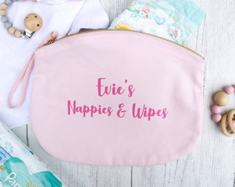 Personalised Name Baby Nappy and Wipe Bag 100% Organic Cotton - New Baby - Baby Gift - Pink - Blue - Cream