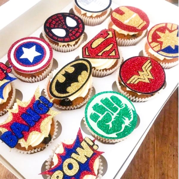 Super héros, Marvel & DC Inspired Glitter Cupcake Toppers, fête d’anniversaire, personnages de bandes dessinées