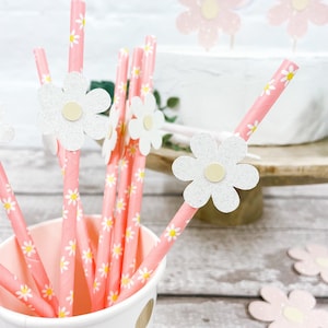 10 - Daisy Paper Straws - Glitter Pink and White paper straws