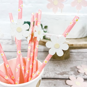 10 - Cannucce di carta Daisy - Cannucce di carta glitterate rosa e bianche
