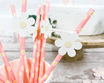 10 - Daisy Paper Straws - Glitter Pink and White paper straws