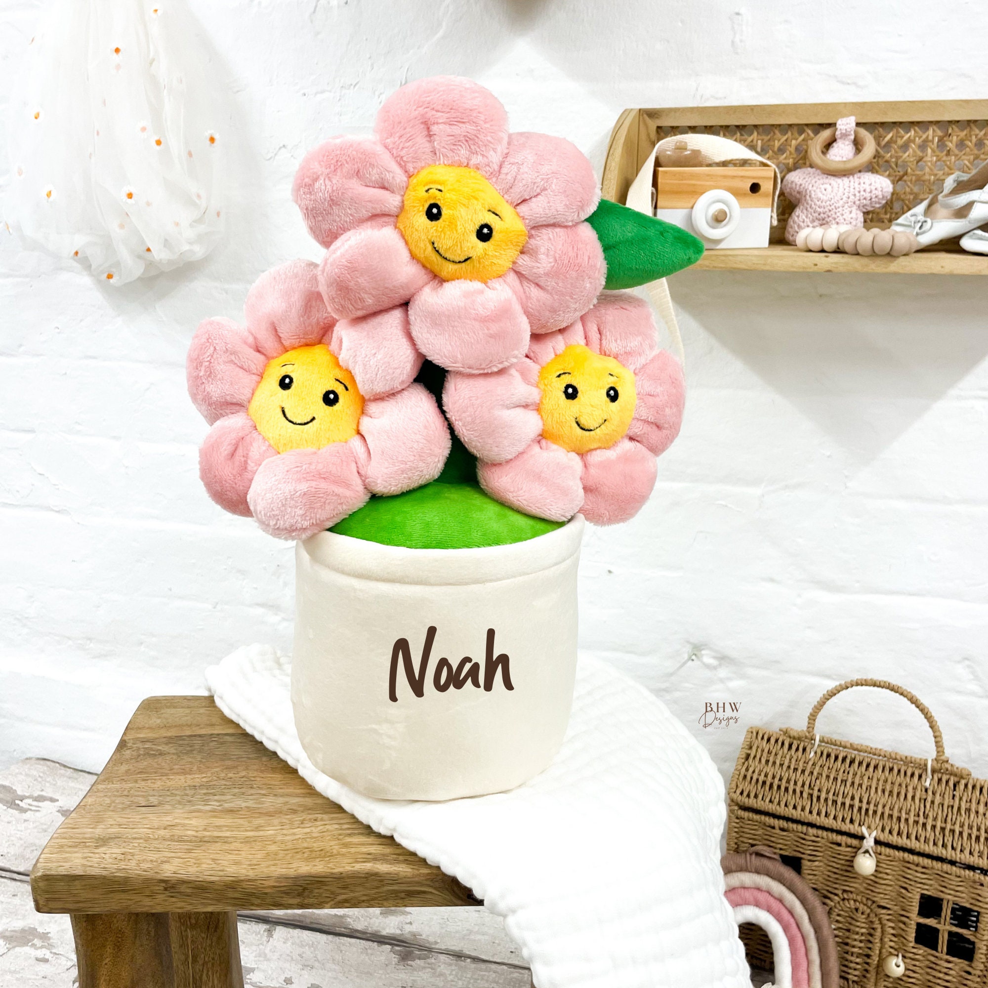 Flower Pot Personalised Name Soft Toy - Teddy Bear - Gift Daisy Pink Flowers