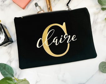 Personalised Cotton Cosmetic Bag: Custom Name and Initial Gold Letter Pouch