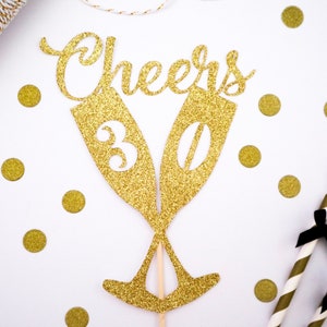 Cheers Champagne Glasses Number Glitter Cake Topper - Birthday - Age - Anniversary - Year - Wedding