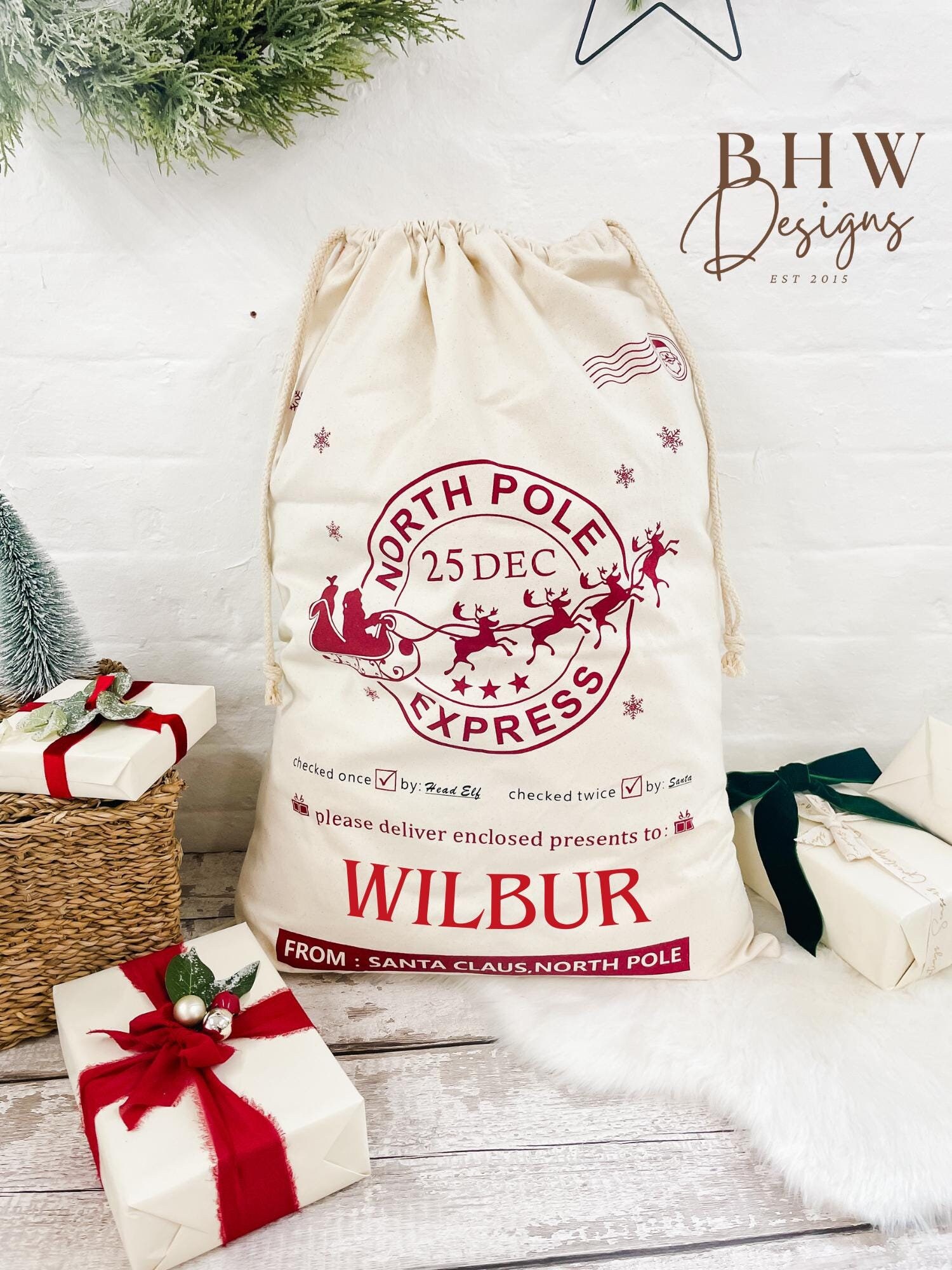 Personalised Name Cotton North Pole Express Christmas Santa Sack