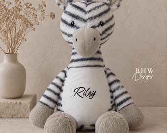 Personalised Zebra Teddy Bear | Custom Name Soft Plush Toy | Grey Stuffed Animal Gift | New Baby, Christening Gift