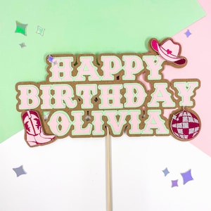 Personalised Happy Birthday Name, Pink Green and Holographic style glitter Cowboy and Disco Style Cake Topper Birthday Decoration