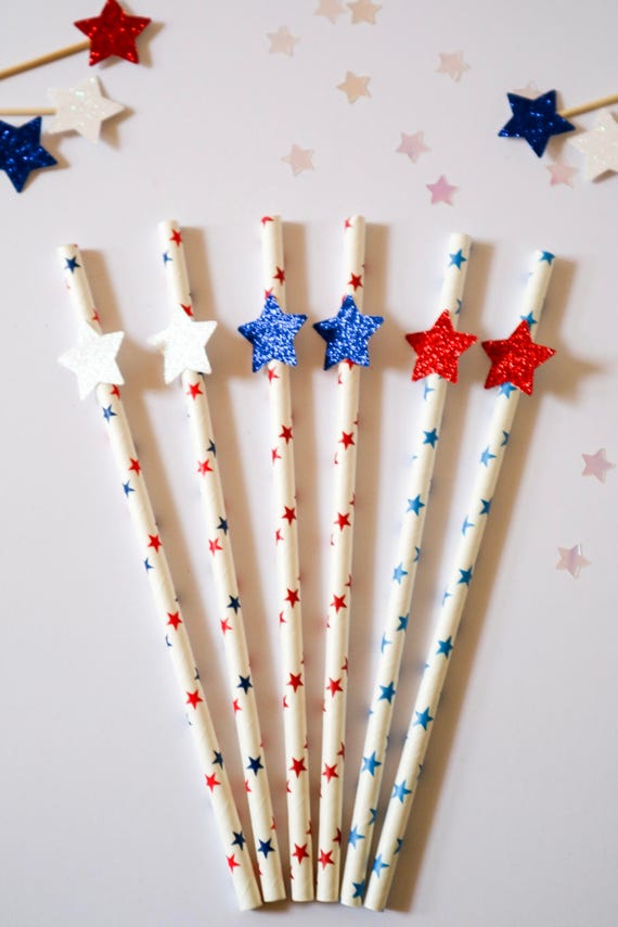 10 - Red, White, and Blue Glitter Star Paper Straws: 4th July Party