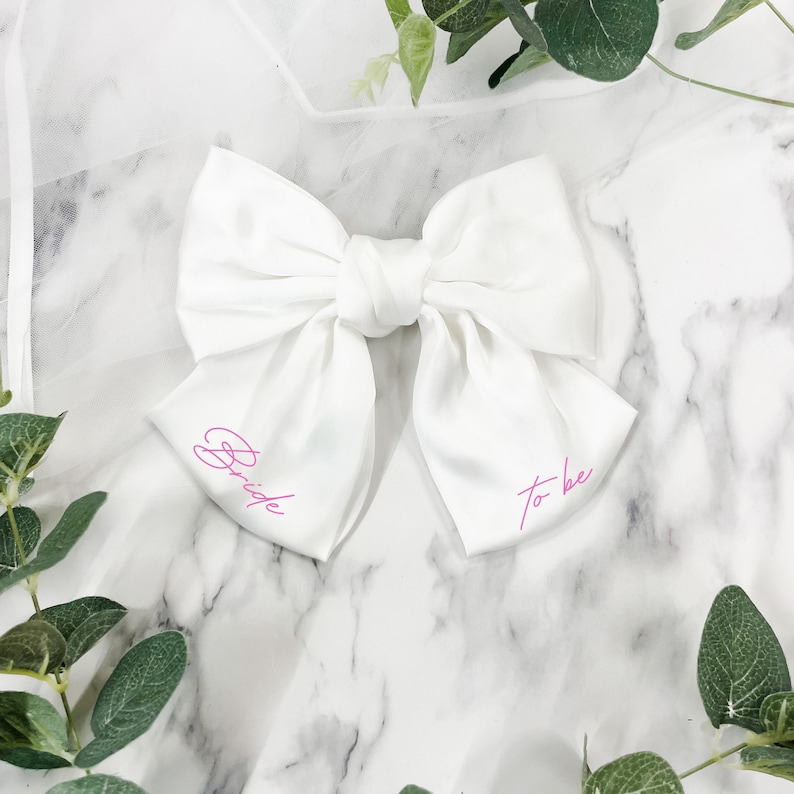 Personalised Bride White Satin Hair Bow Bride to Be Future Mrs Soon to be Mrs Hen Party Veil Pink