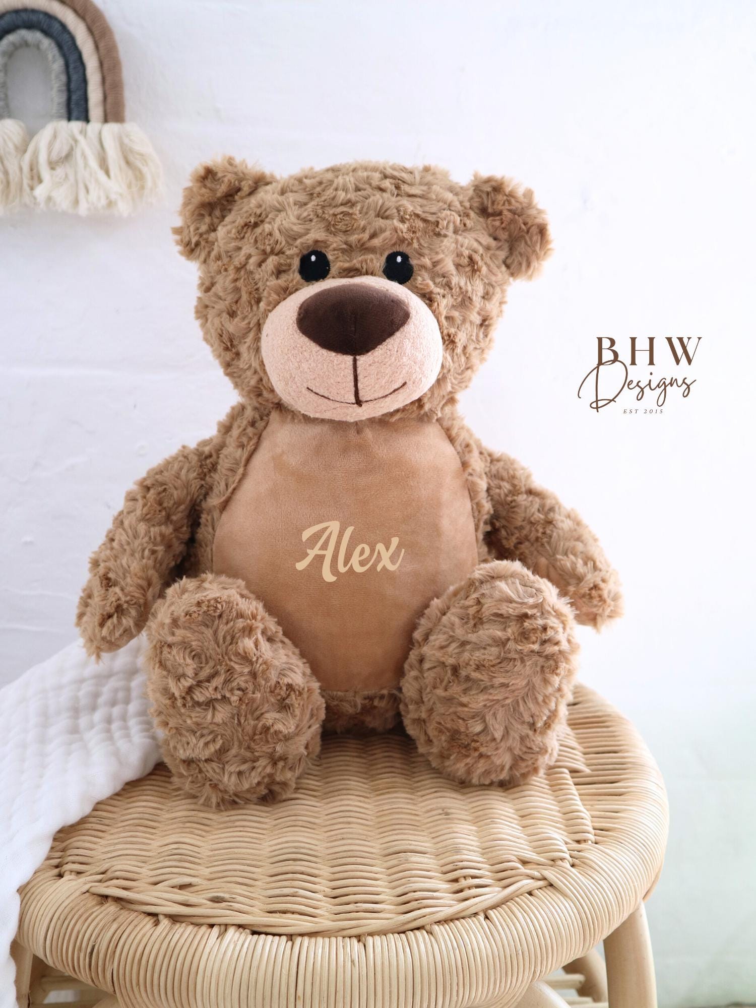 Personalised Name Brown Beige Teddy Bear, Cuddly Soft Toy, New
