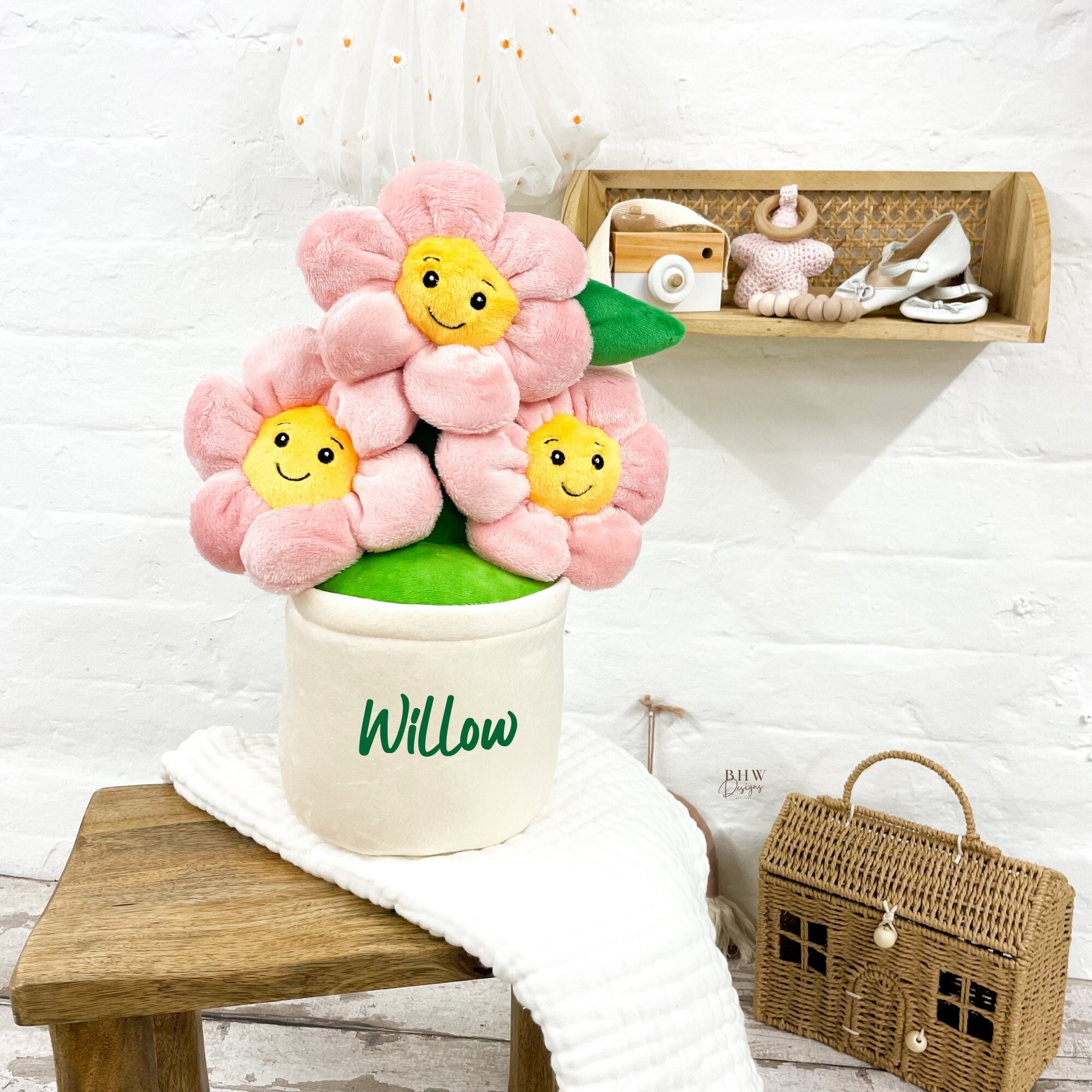 Flower Pot Personalised Name Soft Toy - Teddy Bear - Gift Daisy Pink Flowers