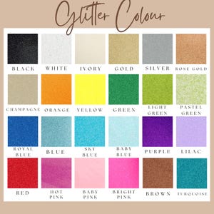 Puede incluir: Una tabla que muestra 18 colores de purpurina diferentes, incluyendo negro, blanco, marfil, oro, plata, oro rosa, champ&aacute;n, naranja, amarillo, verde, verde claro, verde pastel, azul real, azul, azul cielo, azul beb&eacute;, morado, lila, rojo, rosa intenso, rosa beb&eacute;, rosa brillante, marr&oacute;n y turquesa.