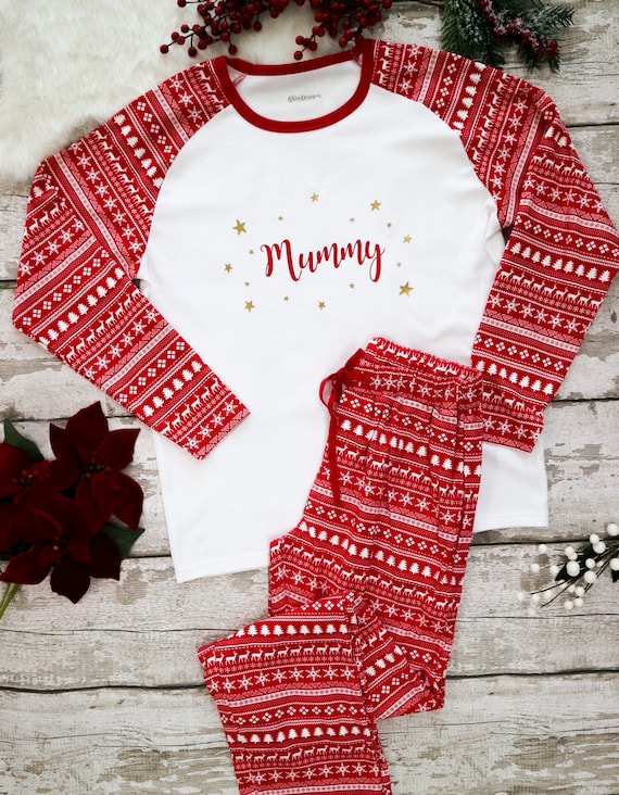 Women s Personalised Name Christmas Pyjamas Red and White Print Etsy Canada