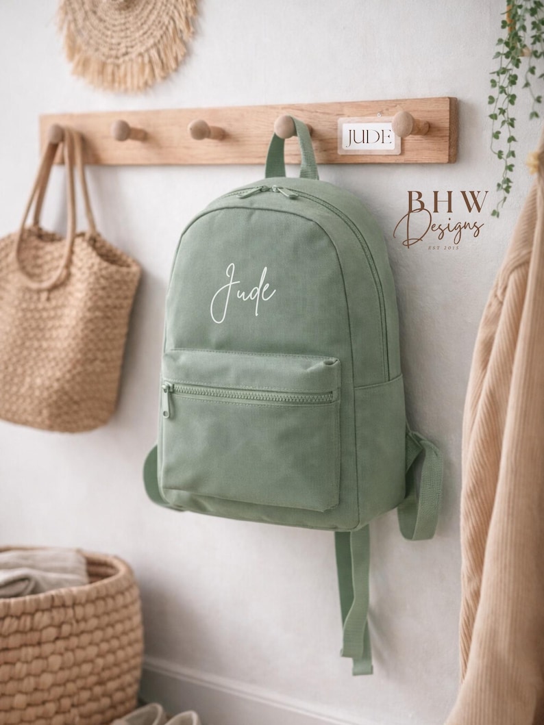Personalised Name Junior Mini Backpack - Children's Backpack - Kid's School Bag Sage Green