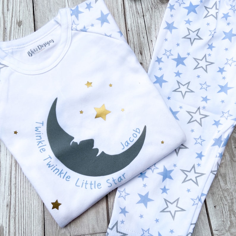 Moon and stars BlueGreySilver Twinkle Twinkle Little Star Pj/'s Children/'s Nightwear Pyjamas Personalised Name