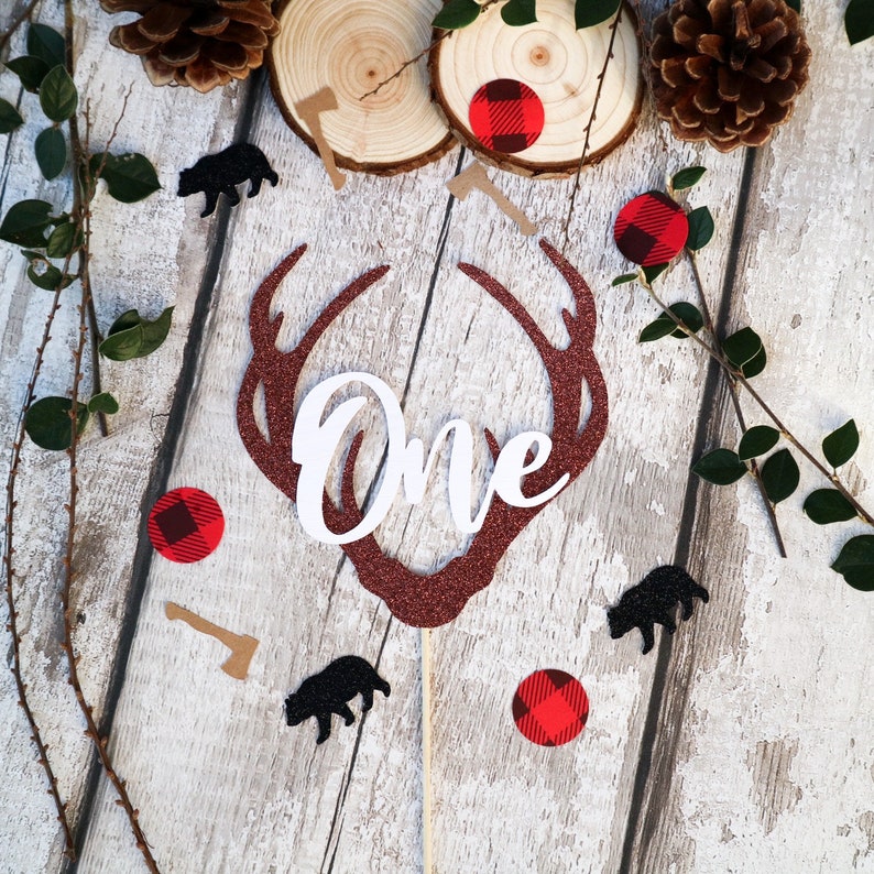 Personalised AgeName Lumberjack Deer Antlers woodland Cake Topper Brown GlitterCream