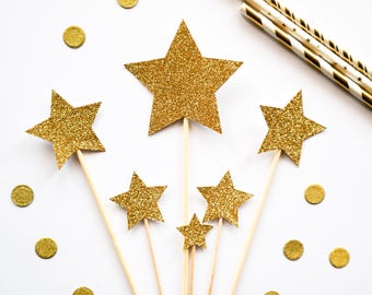 Star Assorted Size Glitter Cake Toppers - Birthday, Baby Shower, party